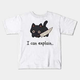 Kawaii Black Cat With Knife - I can explain... Kids T-Shirt